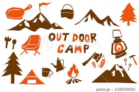 秋のキャンプ切り絵風イラスト素材セット 128859092