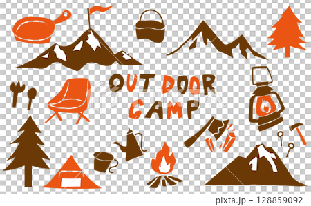 秋のキャンプ切り絵風イラスト素材セット 128859092