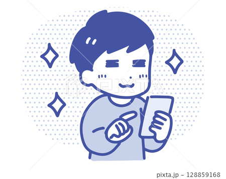 スマホを見て喜んでいる笑顔の若い男性(上半身・線画) スマホを見て喜んでいる笑顔の若い男性(上半身・線画) 128859168