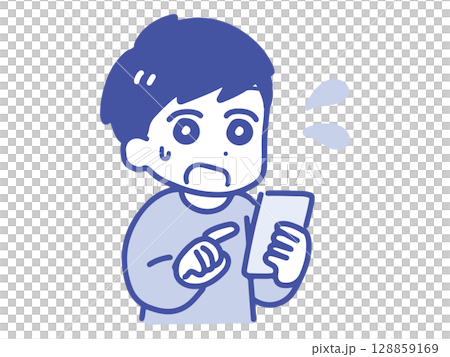 A young man having trouble looking at his smartphone (upper body, line drawing) A young man having trouble looking at his smartphone (upper body, line drawing) 128859169