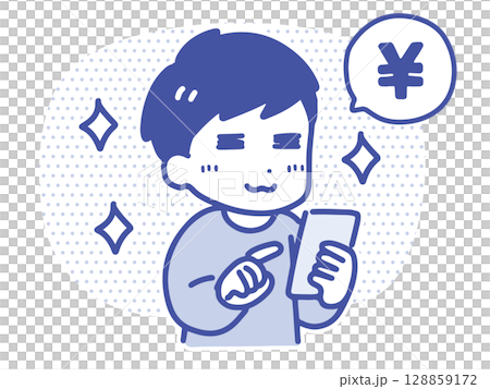 A smiling young man exchanging money via smartphone (upper body, line drawing) A smiling young man exchanging money via smartphone (upper body, line drawing) 128859172