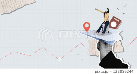 Business travel illustration featuring traveler and digital planning. Vector illustration 128859244