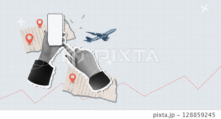 Business travel planning with smartphone and map elements. Vector illustration 128859245