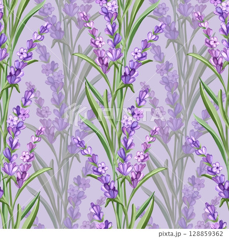 Lavender Flowers, Hand-drawn Seamless Pattern Illustration 128859362