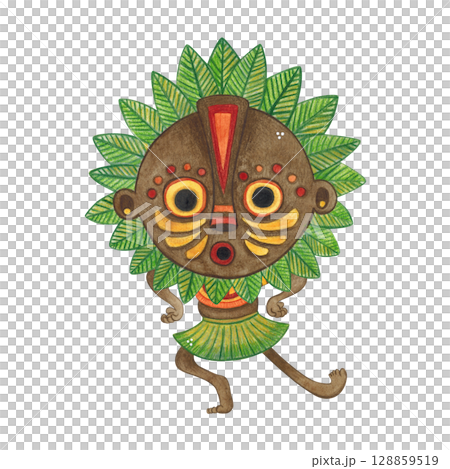Dancing african aborigine in brown round mask with green leaves frame. Watercolor illustration, hand drawn, cartoon. Drawing for poster, stickers, print. Africa, mask, funny, character 128859519