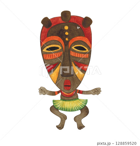 Dancing african aborigine with long arms in a straw skirt and a colorful mask. Watercolor illustration hand drawn, cartoon. Drawing for poster, stickers, print. Africa, mask, funny, character Dancing african aborigine with long arms in a straw skirt and a colorful mask. Watercolor illustration hand drawn, cartoon. Drawing for poster, stickers, print. Africa, mask, funny, character 128859520