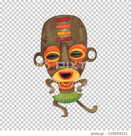 Dancing african aborigine in brown mask with bright pattern and big ears in green skirt. Watercolor illustration, hand drawn, cartoon. Drawing for poster, stickers, print. Africa, mask, funny 128859521