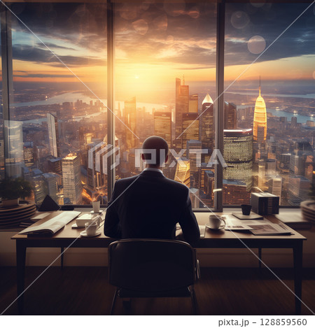 Picture of successful businessman, background is city view. 128859560