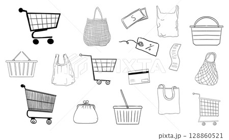 Shopping cart trolley doodle, shopping basket supermarket bag, net shopper simple line. Craft bag, paper bag. Purchase trade sketch, hand drawn 128860521