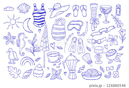 Dolce vita. Mediterranean aesthetics. Summer beach relaxation and Italian food Doodle set. Isolated Outline hand drawn beachwear, accessories and nautical leisure, Drinks. Vector illustration. Not AI Dolce vita. Mediterranean aesthetics. Summer beach relaxation and Italian food Doodle set. Isolated Outline hand drawn beachwear, accessories and nautical leisure, Drinks. Vector illustration. Not AI 128860546