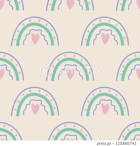 Seamless vector pattern with hand drawn rainbows. Design perfect for textiles, kids products, scrapbooking, wrapping paper, and nursery decor. 128860742