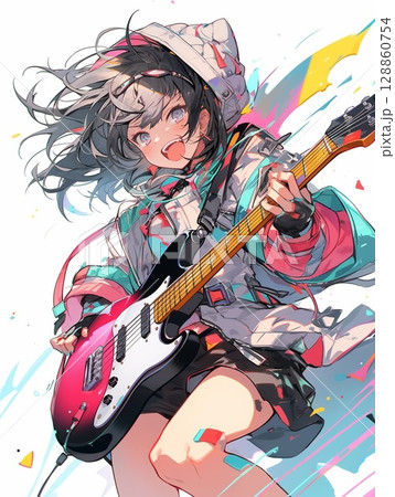 ギターを持って楽しそうにする女の子 ギターを持って楽しそうにする女の子 128860754