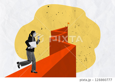 Dynamic Contemporary Art Collage Featuring Abstract Pathway and Determined Businesswoman in Vibrant Colors. concept of growth, leadership, motivation, concentration, Dynamic Contemporary Art Collage Featuring Abstract Pathway and Determined Businesswoman in Vibrant Colors. concept of growth, leadership, motivation, concentration, 128860777