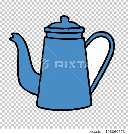 Hand-drawn style illustration of a blue enamel pot 128860778