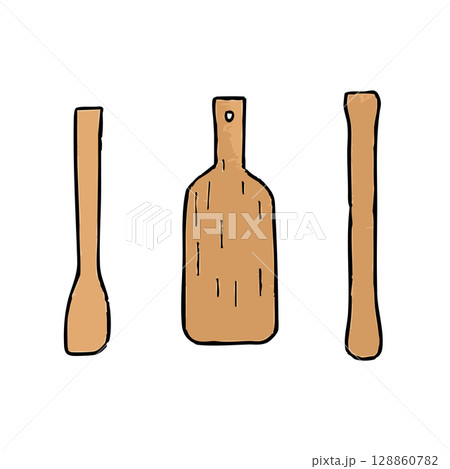 木べらとまな板の手描きイラストセット 木べらとまな板の手描きイラストセット 128860782
