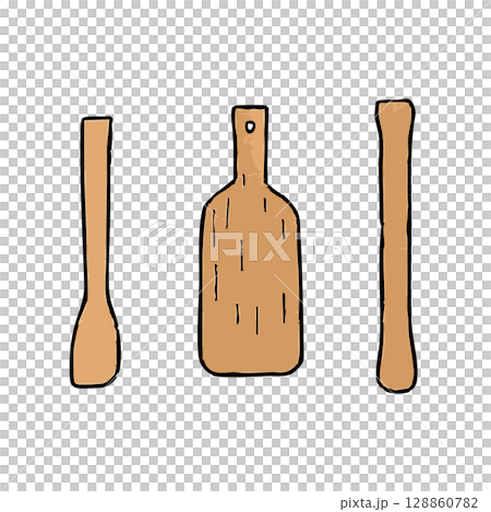 木べらとまな板の手描きイラストセット 木べらとまな板の手描きイラストセット 128860782