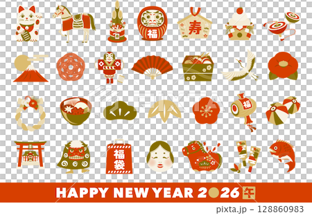 2026年馬年，馬匹和其他吉祥物品採用日式流行風格，簡單的新年圖示向量插圖_新年賀卡 128860983