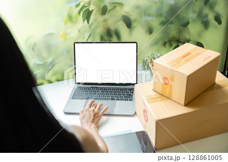 Entrepreneur Managing Online Business with Laptop and Shipping Boxes in Modern Home Office 128861005