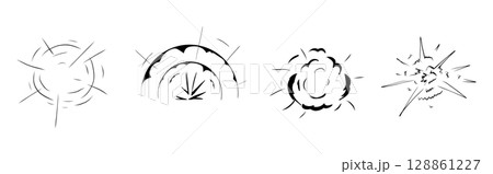 Explosion effect comic manga line sketch. Motion anime explode, radial action burst. Round explosions cloud silhouette. Explosion effect comic manga line sketch. Motion anime explode, radial action burst. Round explosions cloud silhouette. 128861227