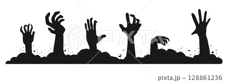 Zombie hand border, monster hand halloween silhouette rising arms. Halloween silhouette with clawed monster hands, ghostly figures, and evil shadows for scary vector banners and nightmarish scenes. Zombie hand border, monster hand halloween silhouette rising arms. Halloween silhouette with clawed monster hands, ghostly figures, and evil shadows for scary vector banners and nightmarish scenes. 128861236