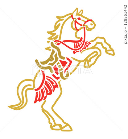 2026　午年　年賀状素材 - 装束をつけて立ち上がる馬 128861442