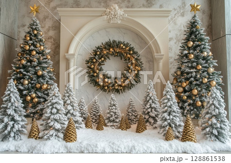 A wreath is hanging above a mantle with three trees and a star A wreath is hanging above a mantle with three trees and a star 128861538