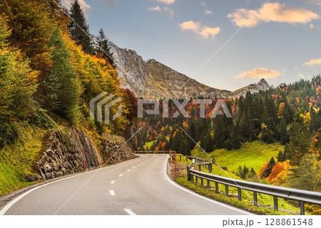 Scenic mountain road to Schwaegalp in the Swiss Alps through an autumn landscape, Switzerland 128861548