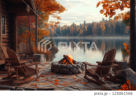 A cozy cabin with a fireplace and a lake in the background 128861566