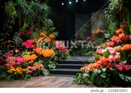 A colorful garden with a black staircase leading up to it 128861601