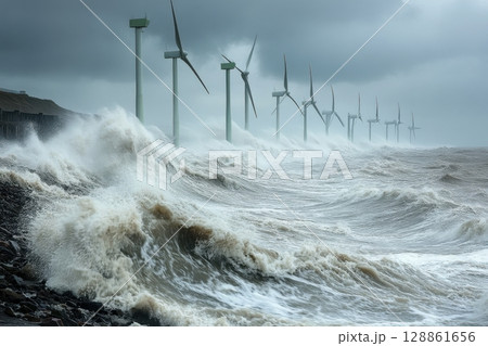 A large body of water with a stormy sky 128861656