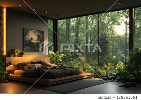 A bedroom with a bed, a large window, and a potted plant 128861661
