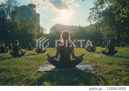 A group of people are sitting in a field, practicing yoga 128861689