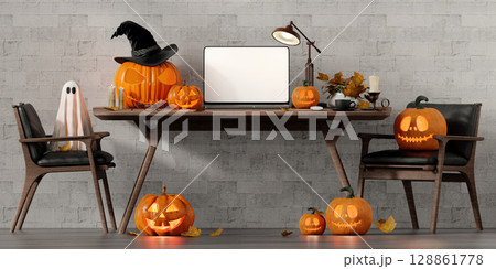 Halloween-Themed Home Office with Pumpkins and Ghosts 3D Render. 128861778