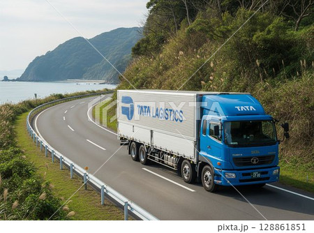 (AI生成)　物流イメージ　日本の道路を走る海外製トラック 128861851