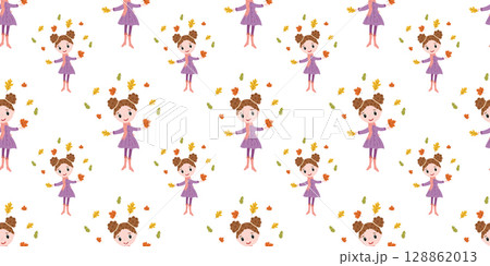 Fall seamless pattern with themed girl illustrations with leaves in flat style. Hand drawn autumn vector for digital projects and print 128862013