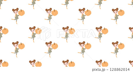 Autumn seamless pattern with girl characters and pumpkin in hands in flat style. Hand drawn vector illustration for banners, posters and social media 128862014