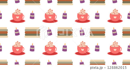 Autumn seamless pattern with books, candles, cocoa in flat style. Vector hand drawn illustration for banners and social media Autumn seamless pattern with books, candles, cocoa in flat style. Vector hand drawn illustration for banners and social media 128862015