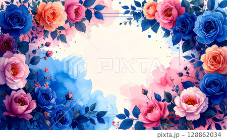 水彩で描いたカラフルなバラのフレーム 128862034