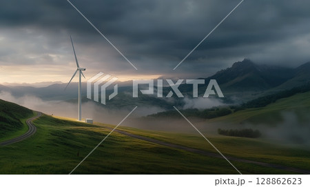 A wind turbine on a misty mountainside path 128862623
