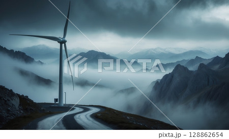 A wind turbine on a misty mountainside path 128862654