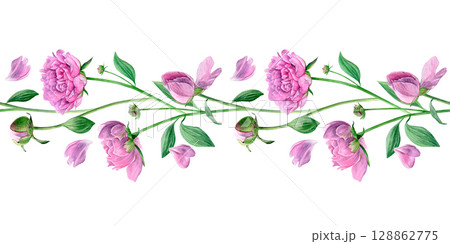 Seamless border with pink peonies. Watercolor summer flowers and petals isolated on a white background. Good for wallpaper, fabric and greeting cards Seamless border with pink peonies. Watercolor summer flowers and petals isolated on a white background. Good for wallpaper, fabric and greeting cards 128862775