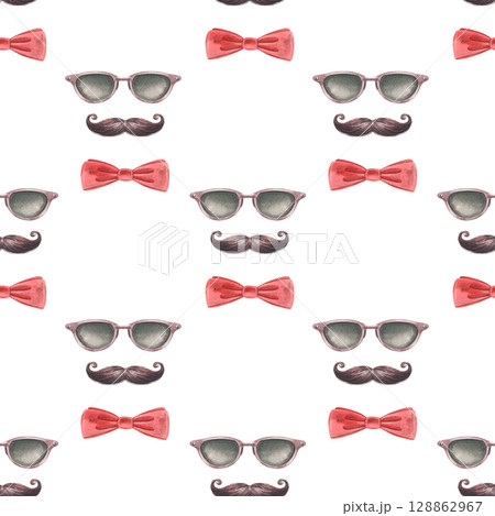Set of sunglasses, mustache, bow tie. Hand-painted watercolor seamless pattern isolated on white background for hipster branding, barbershop decor, men fashion, gentleman designs, printing, packaging 128862967