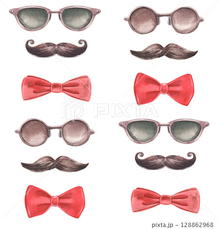 Set of sunglasses, mustache, bow tie. Hand-painted watercolor seamless pattern isolated on white background for hipster branding, barbershop decor, men fashion, gentleman designs, printing, packaging 128862968