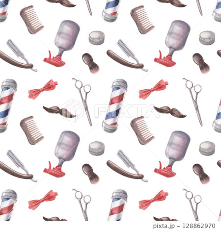 Seamless pattern, spray bottle, wooden comb, barber pole, scissors, mustache, bow tie, straight razor, tin jar. Hand drawn watercolor isolated on white for barbershop branding, printing, packaging 128862970