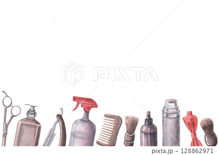 Seamless border, scissors, razor, comb, shaving brushes, spray bottle, bow tie, oil dropper, foam vial. Hand drawn watercolor grooming tools isolated on white for barbershop branding, masculine design 128862971