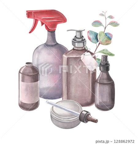 Vial with dropper, pump dispenser, label, spray bottles, metal tin, eucalyptus branch. Hand-painted watercolor isolated on white. Cosmetic containers for oil, serum, wax, soap, cream, shampoo, perfume 128862972