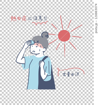 一位婦女在炎熱天氣中用手帕擦汗的插圖素材 128863074