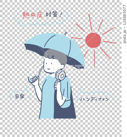 Illustration material of a woman cooling off with a parasol and handheld fan 128863077