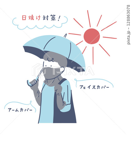 日焼け対策をして歩く女性のイラスト素材 128863078