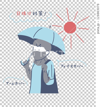 Illustration material of a woman walking while taking measures against sunburn 128863078